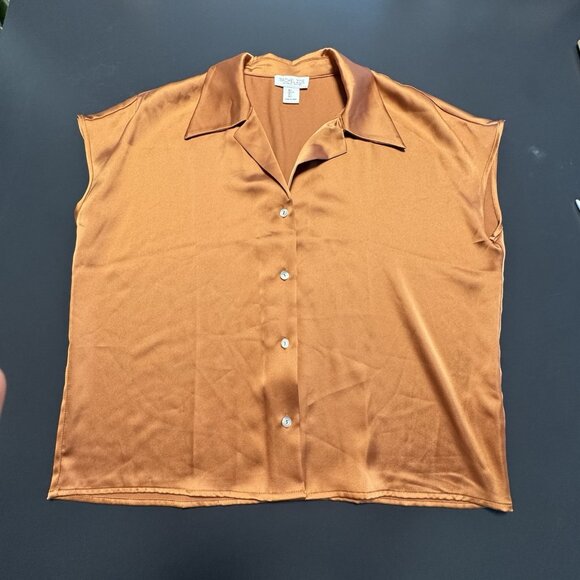 Rachel Zoe Brown Metallic Sleeveless Button Up Blouse Shiny Relax Fit Boxy Top - Picture 5 of 10